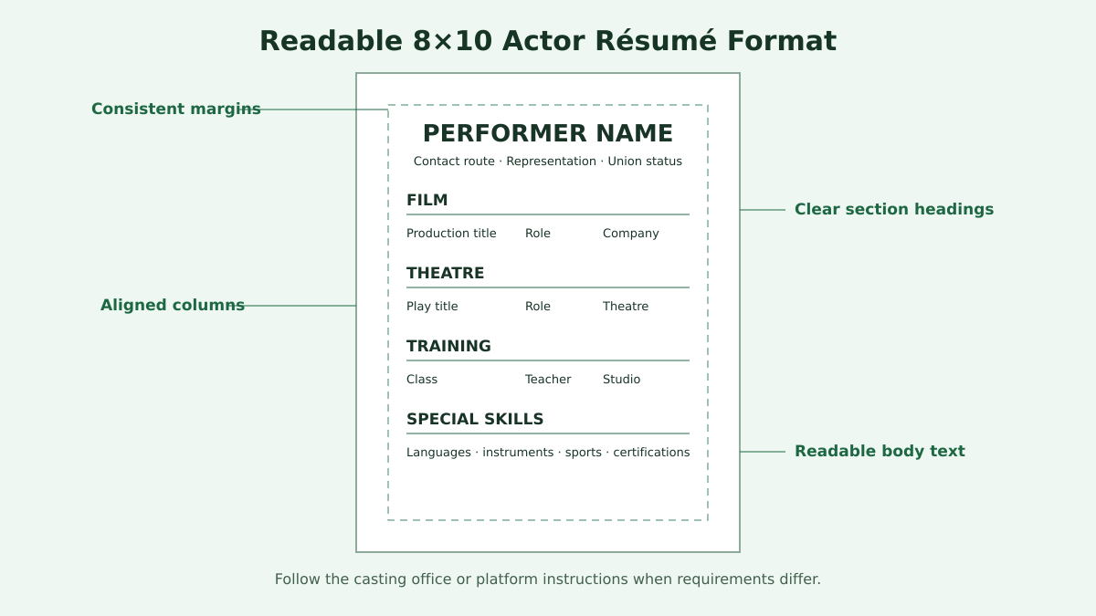 Annotated 8 by 10 inch actor résumé layout showing readable margins, section headings, and aligned credit columns