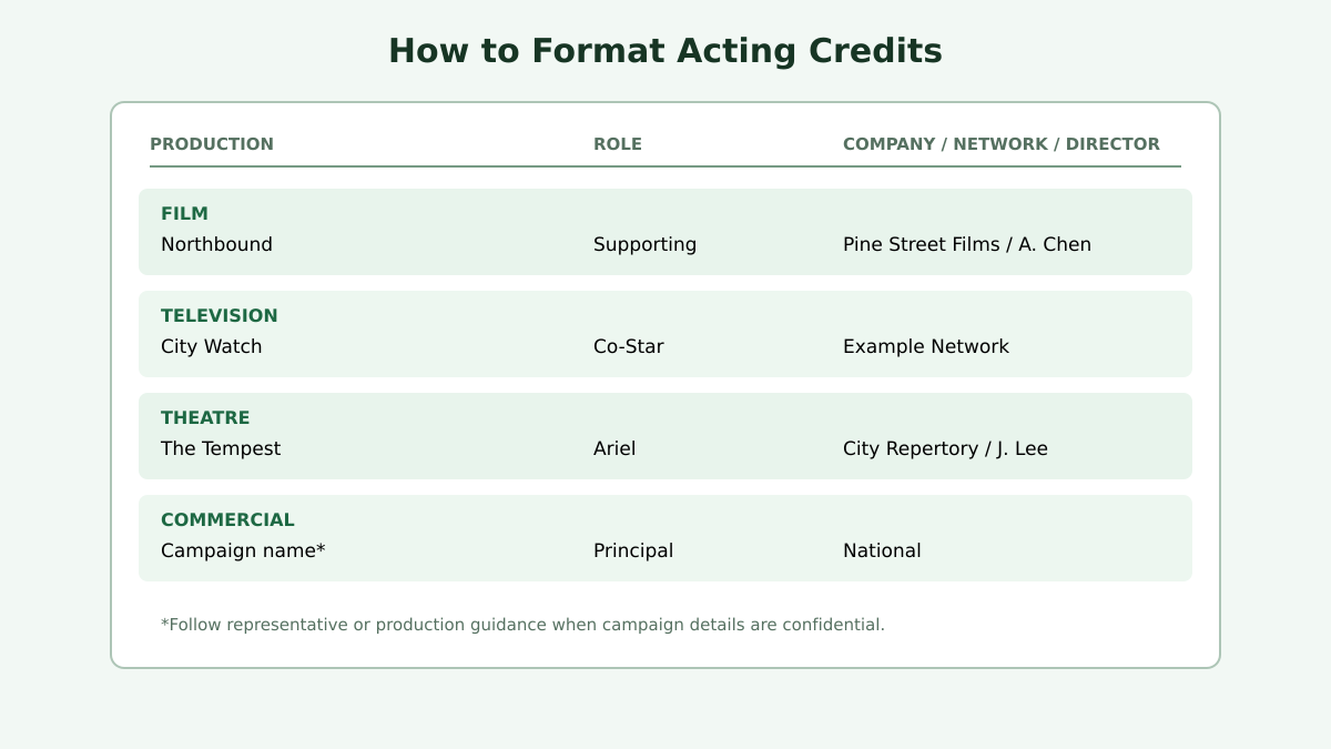 Acting credit format examples showing aligned production, role, and company columns for film, television, theatre, and commercial work