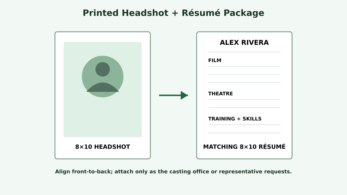 Diagram showing an 8 by 10 headshot and matching actor résumé aligned front-to-back for a printed audition package