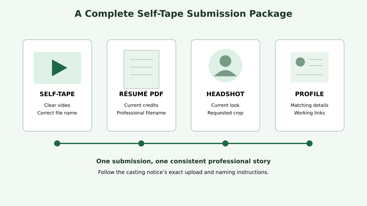Self-tape submission checklist connecting a labeled video file, current actor résumé PDF, headshot, and casting platform profile